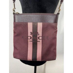 Coach Authentic Burgundy Stripe Canvas & Leather Crossbody Bag With Adjustable S